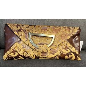 Liz Soto Brown and gold With Velvet Faux Fur Design Clutch Western Retro